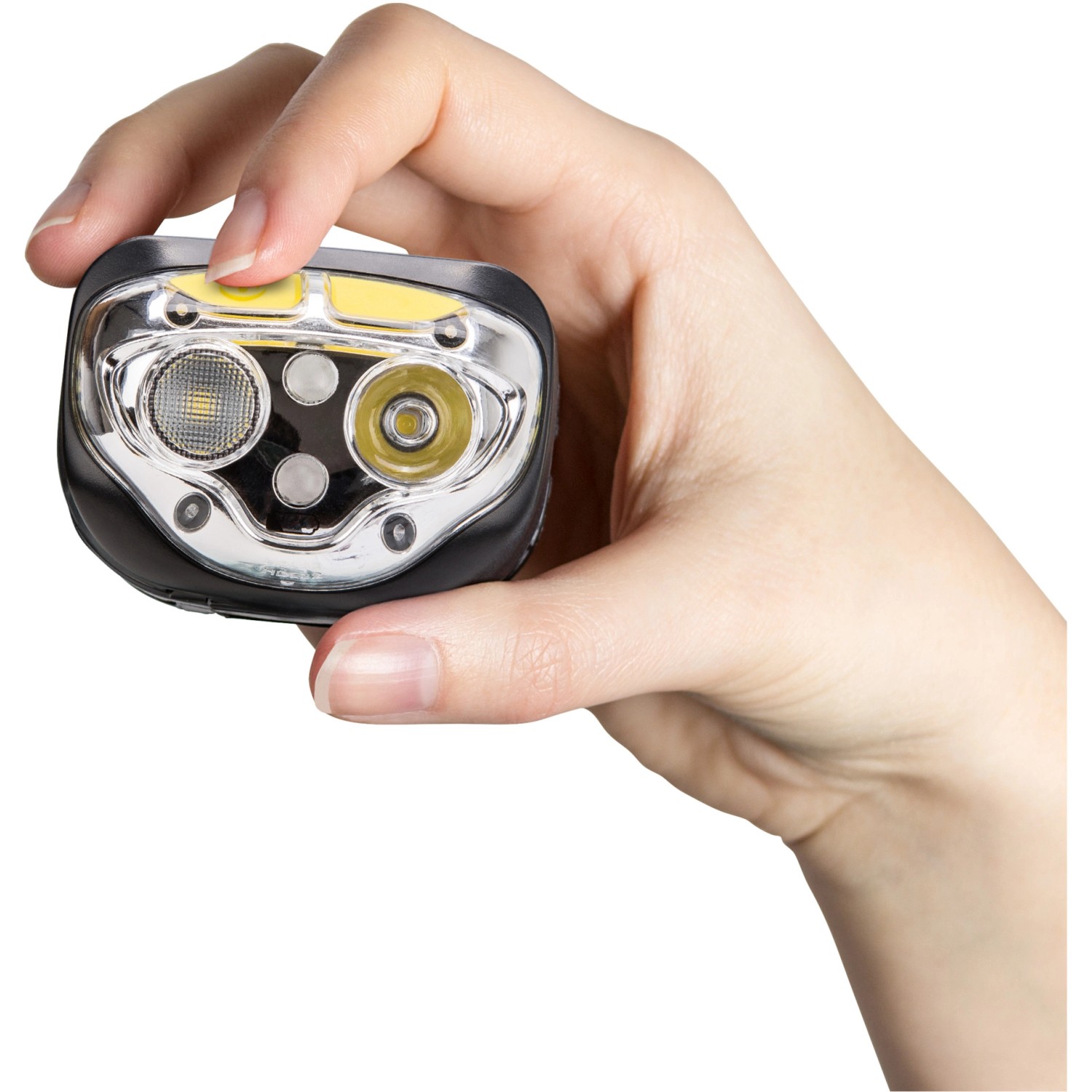 Energizer Vision Ultra Kopflampe in Hand, mit zwei weißen LEDs, roter und grüner LED. Inklusive Batterien.