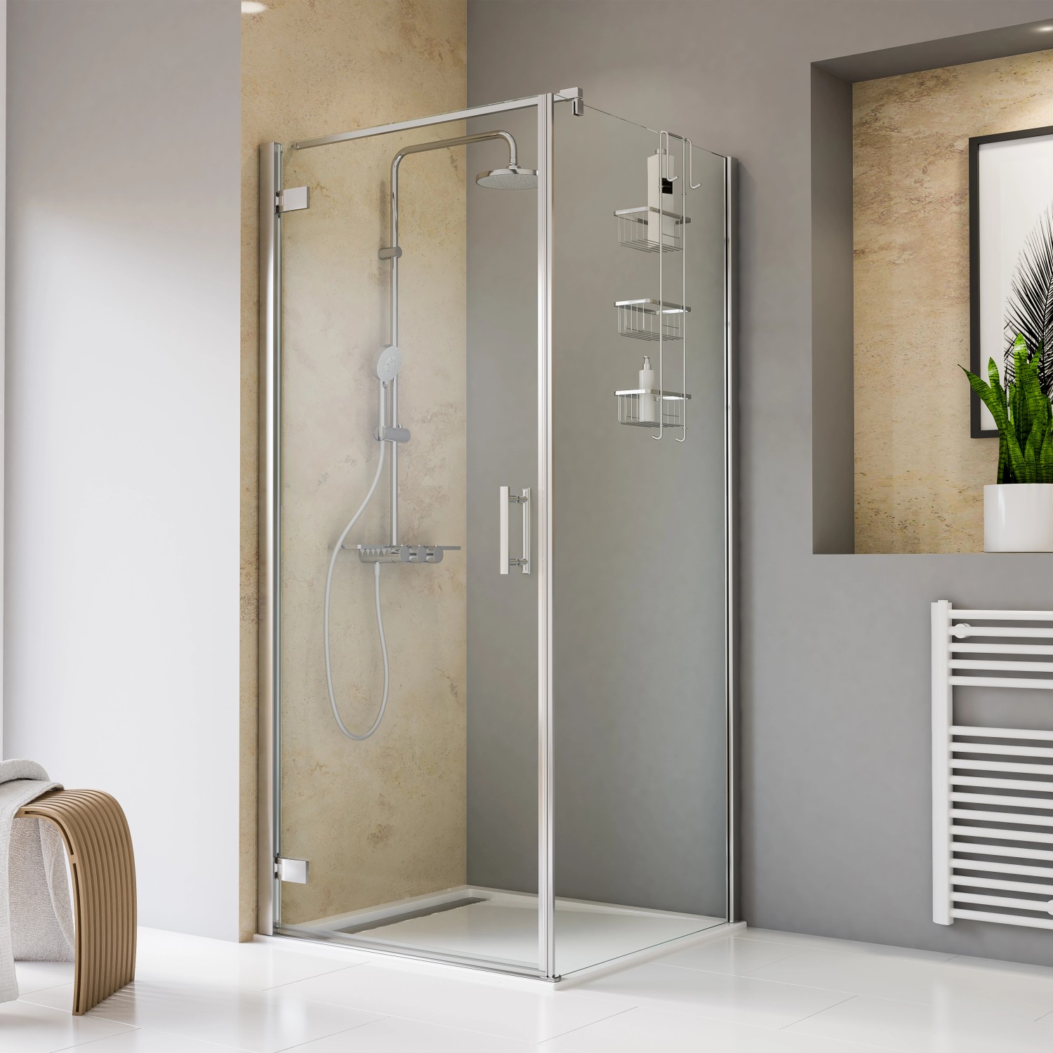 Schulte Drehtür mit Seitenwand, 90x90 cm, Türanschlag links. Pendelbare Duschtür aus Glas mit silbernen Rahmen.