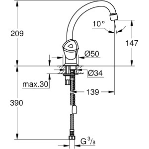 Technische Zeichnung: Grohe Costa Trend Waschtischarmatur L-Size, Einlochbatterie mit Maßen.