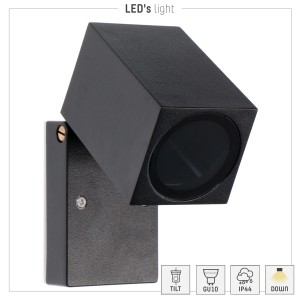 Schwarze, eckige LED`s light Außenwandleuchte mit beweglichem Kopf.