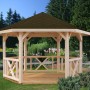 Palmako Pavillon Betty, 384x337 cm, lackiert weiß, mit Geländer und braunem Dach.