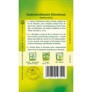 Samentüte Quedlinburger Studentenblume 'Ehrenkreuz' mit goldgelben Blüten und rotbraunem Kreuz.