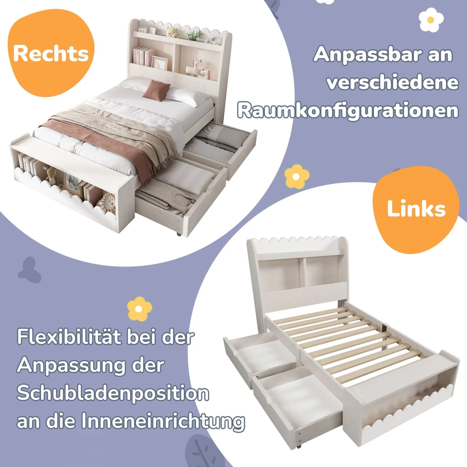 okwish Kinderbett 90x190cm mit Schubladen und Sitzbank Kinderzimmer Weiß ohne Matratze_7