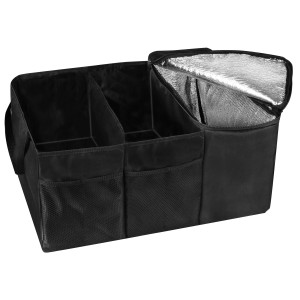 Schwarze, faltbare Apa Kofferraumtasche mit Kühlfach und Tragegriffen.