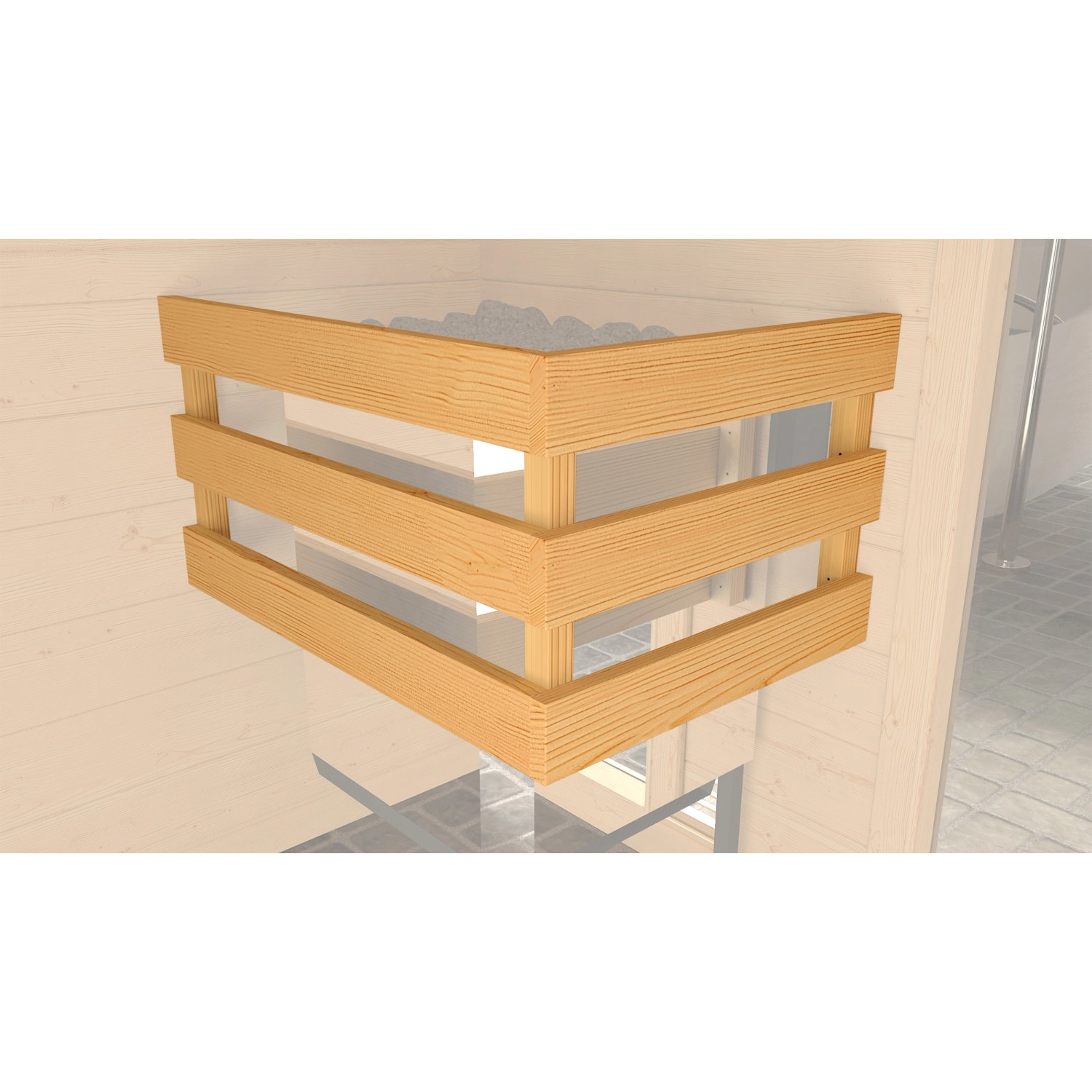 Detailaufnahme des Ofenschutzes der Weka Massivholzsauna Bergen 1 Sparset.