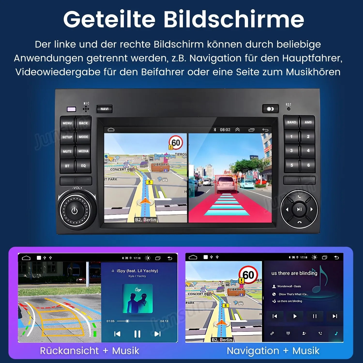 Junsun Autoradio mit geteiltem Bildschirm: Navigation, Rückfahrkamera, Musikplayer. Android 14 System für Benz.