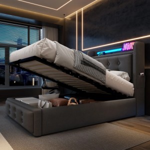 okwish Polsterbett 90x200cm mit LED Kopfteil USB Ladefunktion Jugendzimmer Grau mit Matratze