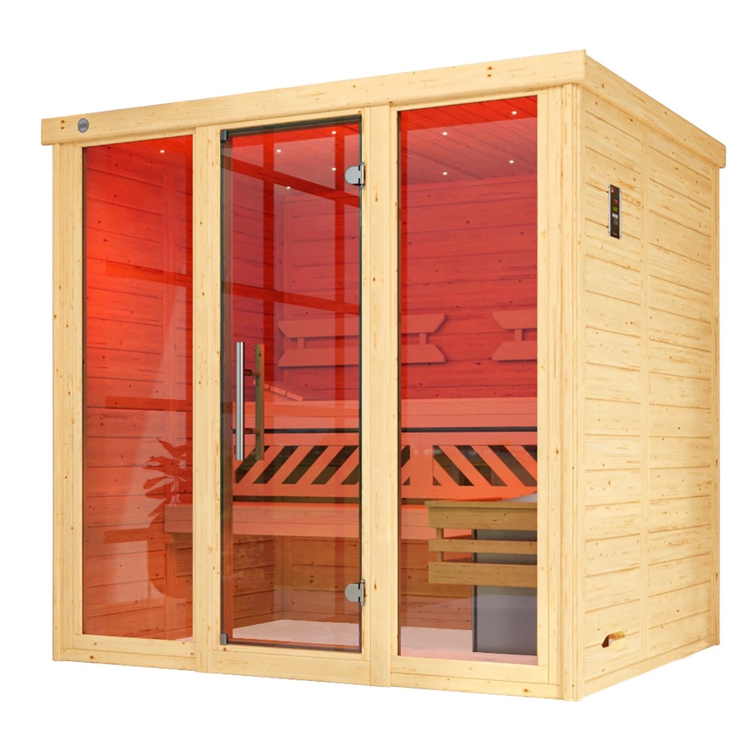 Weka Massivholzsauna Kemi Panorama mit Glastür und Fenster, inkl. Saunaofen und Zubehör.