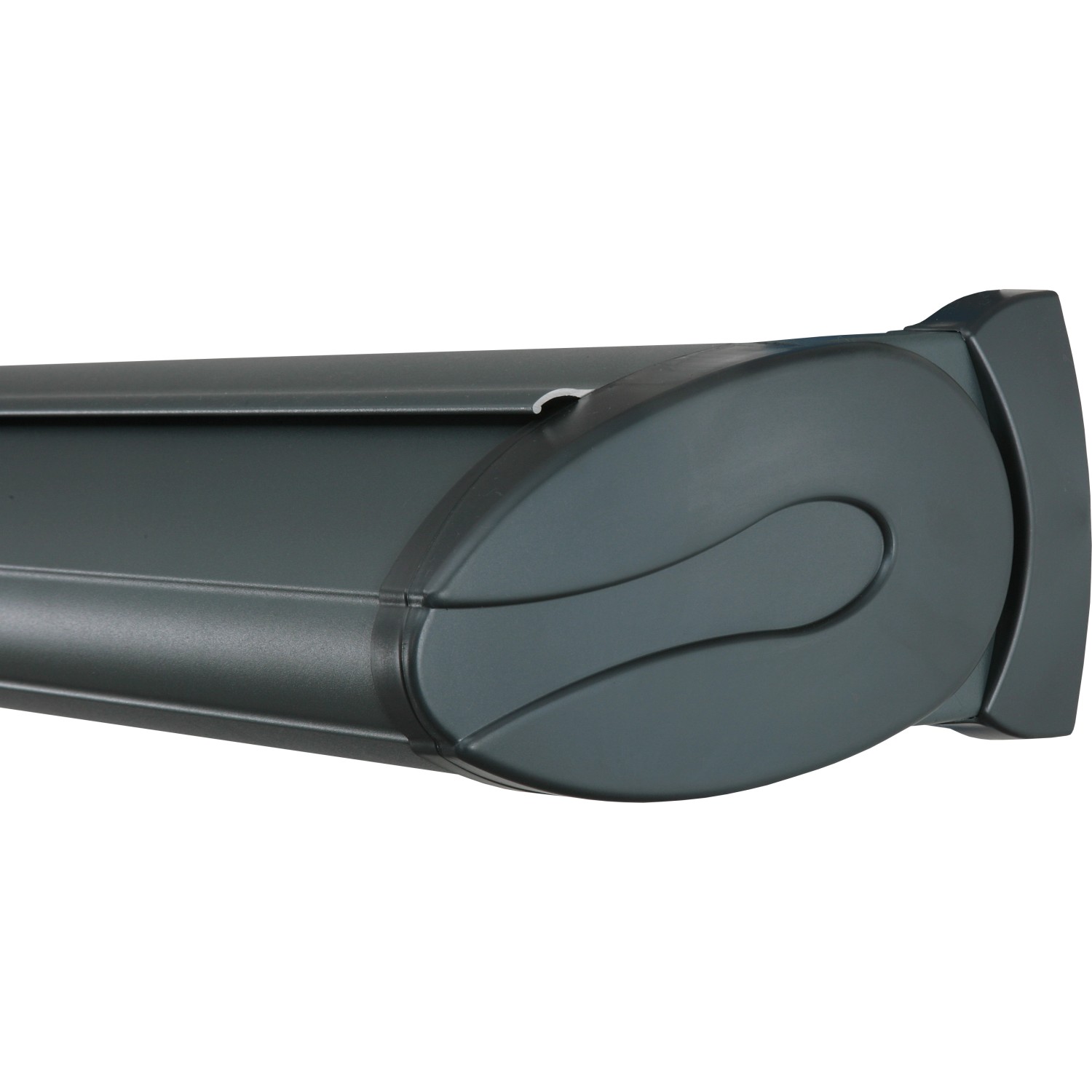 Detailaufnahme der Wismar Kassettenmarkise in Anthrazit. Geschlossene Kassette schützt das Tuch vor Witterung.