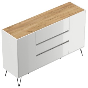 Posseik Sideboard Industrial O, weiß/Eiche, 155 cm breit, mit 3 Schubladen und 2 Türen.