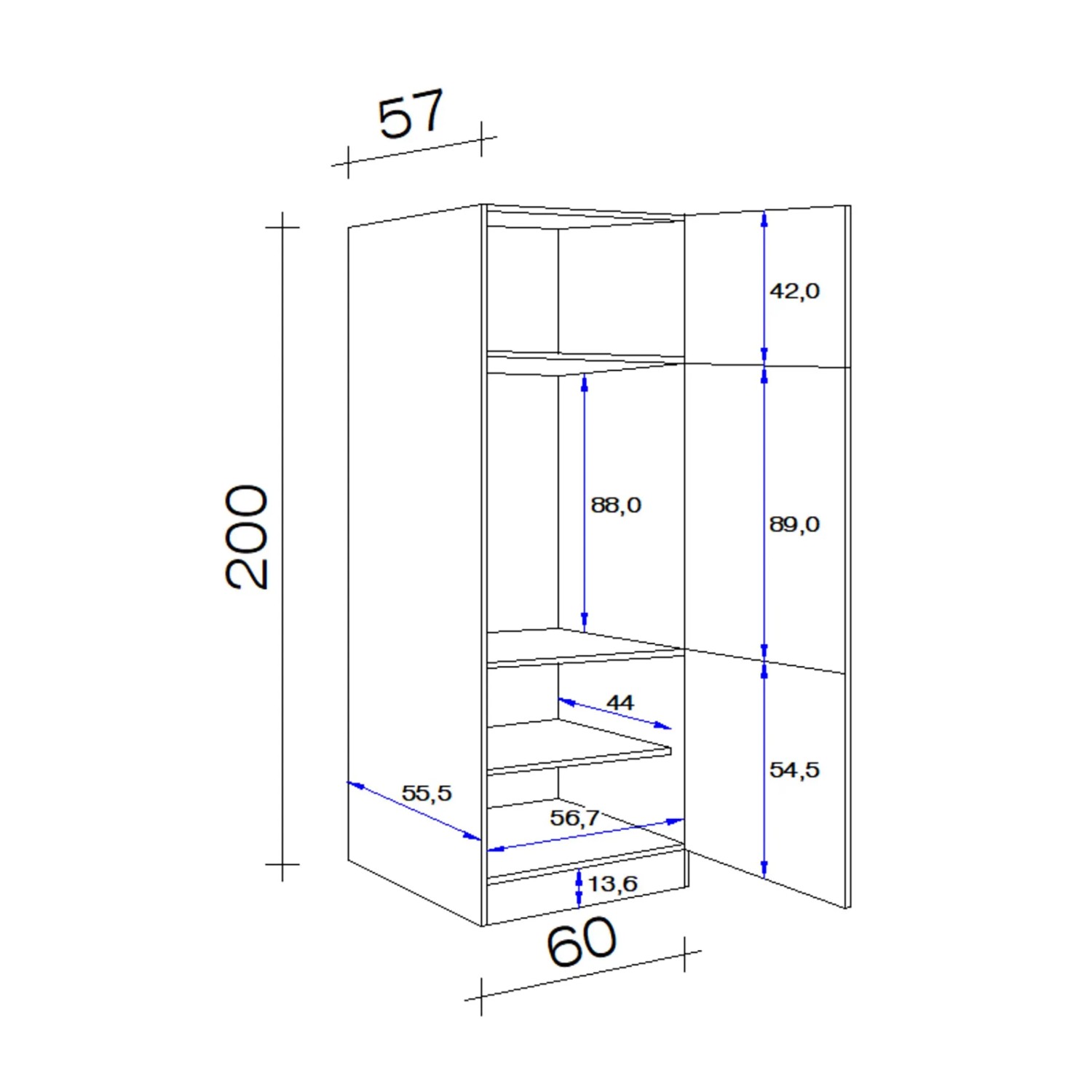 Technische Zeichnung: Flex-Well Küchenzeile Wito, 280 cm, Maße des Geräteumbauschranks mit Drehtüren und Einlegeböden.