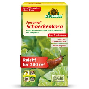 Neudorff Ferramol Schneckenkorn 500g Packung mit Schnecke auf Salatblatt. Regenfeste Formulierung.