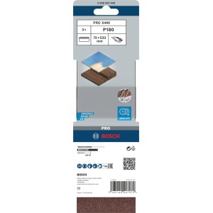 Bosch Schleifband Pro, 75x533mm, Korn 180, 3er-Pack für Bandschleifer.
