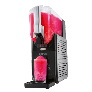 GOURMETmaxx Slush-Eismaschine FreezeUp, schwarz-grau, mit Slush-Eis im Glas.