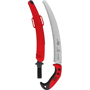 Felco Baumsäge 630 mit gebogener Klinge und rotem Etui für ziehenden Schnitt.