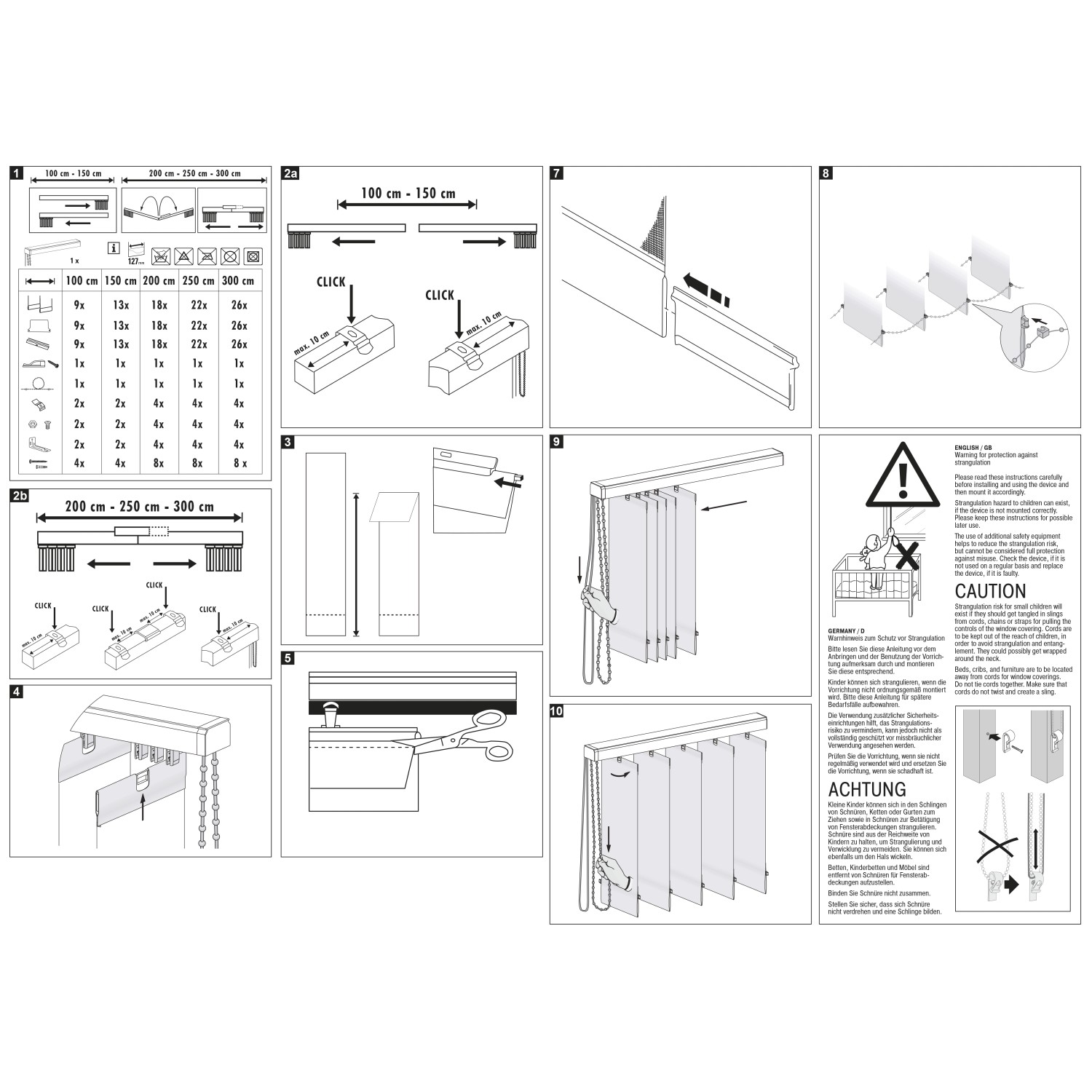 Montageanleitung für Lamellenvorhang-Set, weiße Streifen, 100x260 cm. Details zu Befestigung und Kürzung.