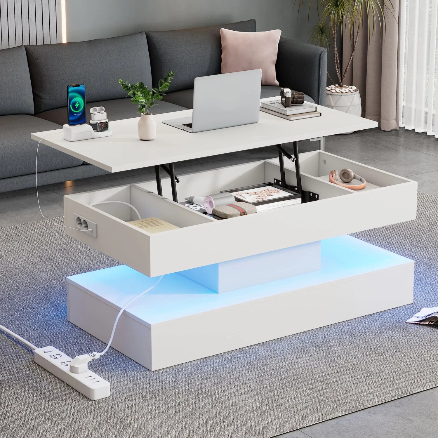 Merax Couchtisch Höhenverstellbar Mit LED Hydraulik Stauraum Weiß kaufen bei OBI