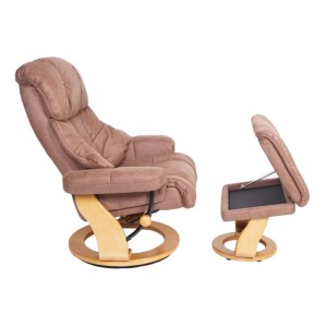 Brauner Relaxsessel Calgary XXL mit Hocker, Stoffbezug und naturbraunem Holzgestell.
