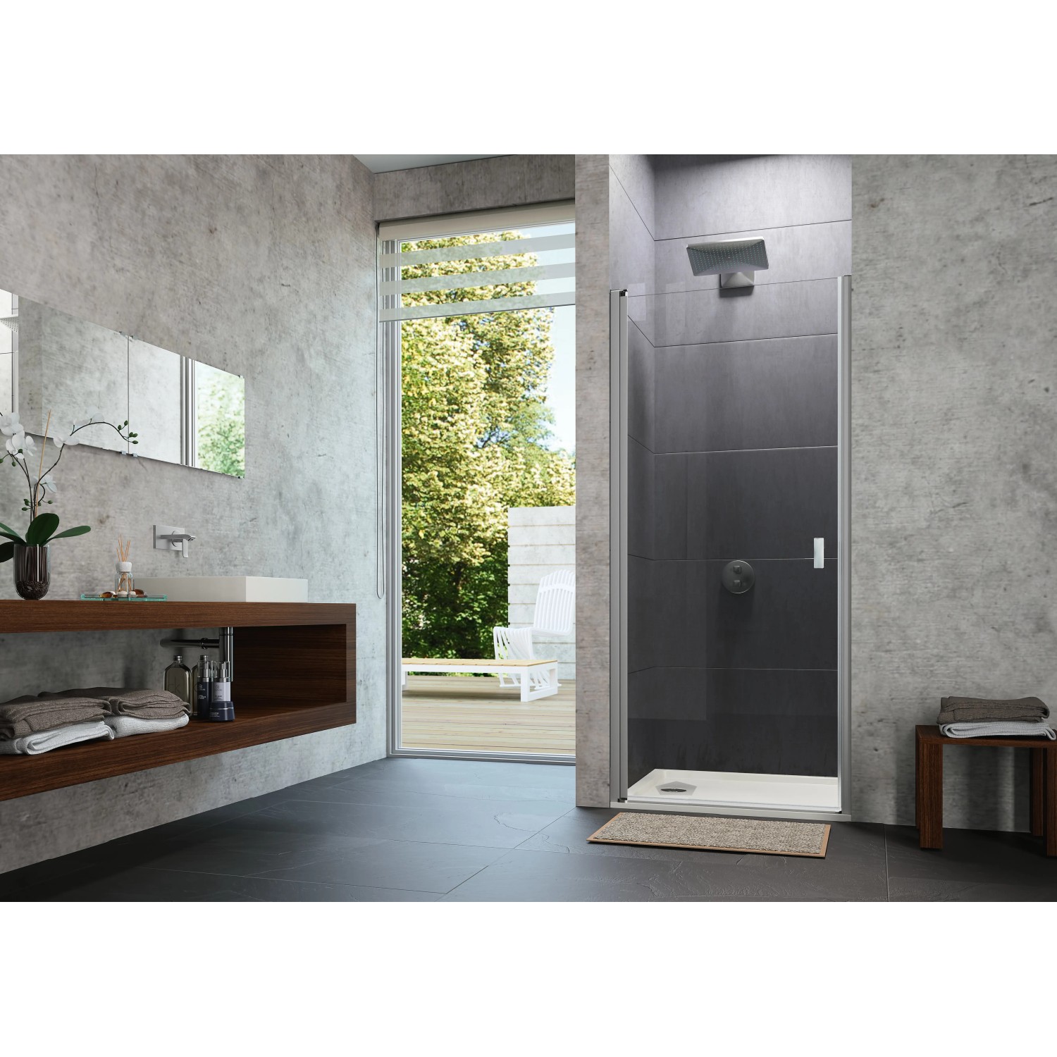 Hüppe 4-Eck-Schwingtür Design Pure, 80x190 cm, Silber Matt, teilgerahmte Duschtür im modernen Bad.