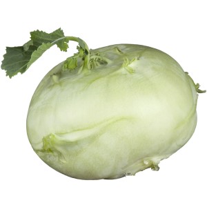 Frischer, runder, hellgrüner Kohlrabi mit Blatt, ideal für Salate und Gemüsegerichte.