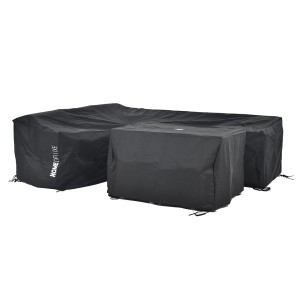 Abgedecktes 6-tlg. Gartenmöbel-Set Bahia von Home Deluxe, Polyrattan grau, mit Tisch, Sofas und Hockern.