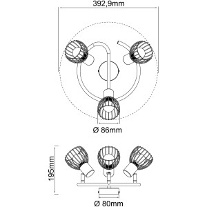 Technische Zeichnung der schwarzen 3-flammigen Spotspirale Blacky mit Maßen.