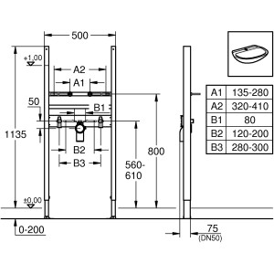 Grohe Rapid SL Element für Waschtisch, geeignet für Einlochbatterie, mit Maßangaben.