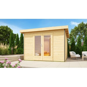 Karibu Saunahaus Magnus 1 Set A Natur aus Fichte mit Glastür und flachem Dach.