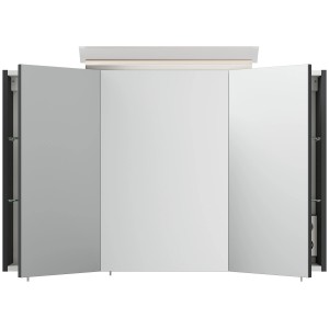 Posseik Spiegelschrank 100 cm in Grafit mit LED-Lampe und Glasböden, drei Spiegeltüren geöffnet.