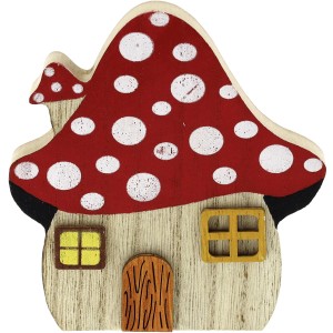 Dekorative Holzfigur: Pilzhaus mit rotem Dach und weißen Punkten, 10x10x2 cm.