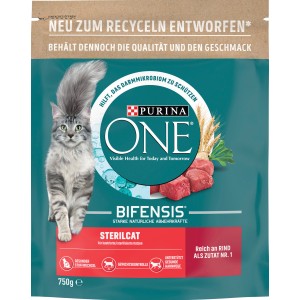 Purina One Sterilcat Katzenfutter mit Rind, 750g Beutel. Trockenfutter für kastrierte Katzen.