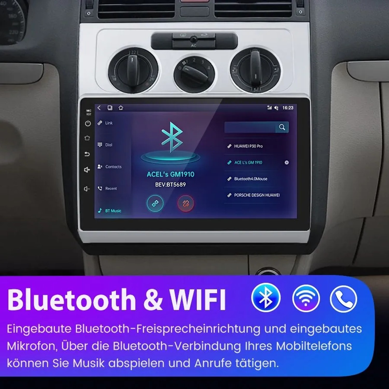 Junsun Autoradio für VW Touran mit großem Touchscreen, Bluetooth-Menü und Freisprechfunktion im Armaturenbrett.