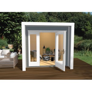 Modernes, graues Weka Holz-Gartenhaus mit Flachdach und Doppeltür. Ideal als Gerätehaus oder Gartenpavillon.