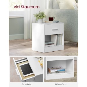 Weißer Vasagle Nachttisch mit Schublade und offenem Fach. Modernes Design für Schlafzimmer.