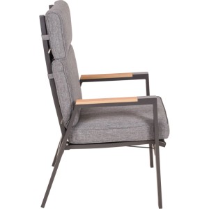 Verstellbarer, grauer Garten Pleasure Stapelstuhl Barletta mit Armlehnen aus Holz, Seitenansicht.