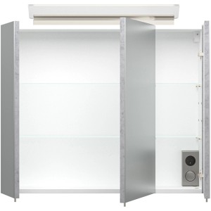 Posseik Spiegelschrank in Betonoptik, 75 cm breit, mit Softclose-Türen und Innenleben.