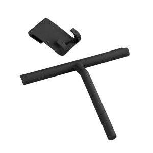 Schwarzer Wenko Badezimmerwischer Mola aus Silikon mit Halterung für Bad und Dusche.