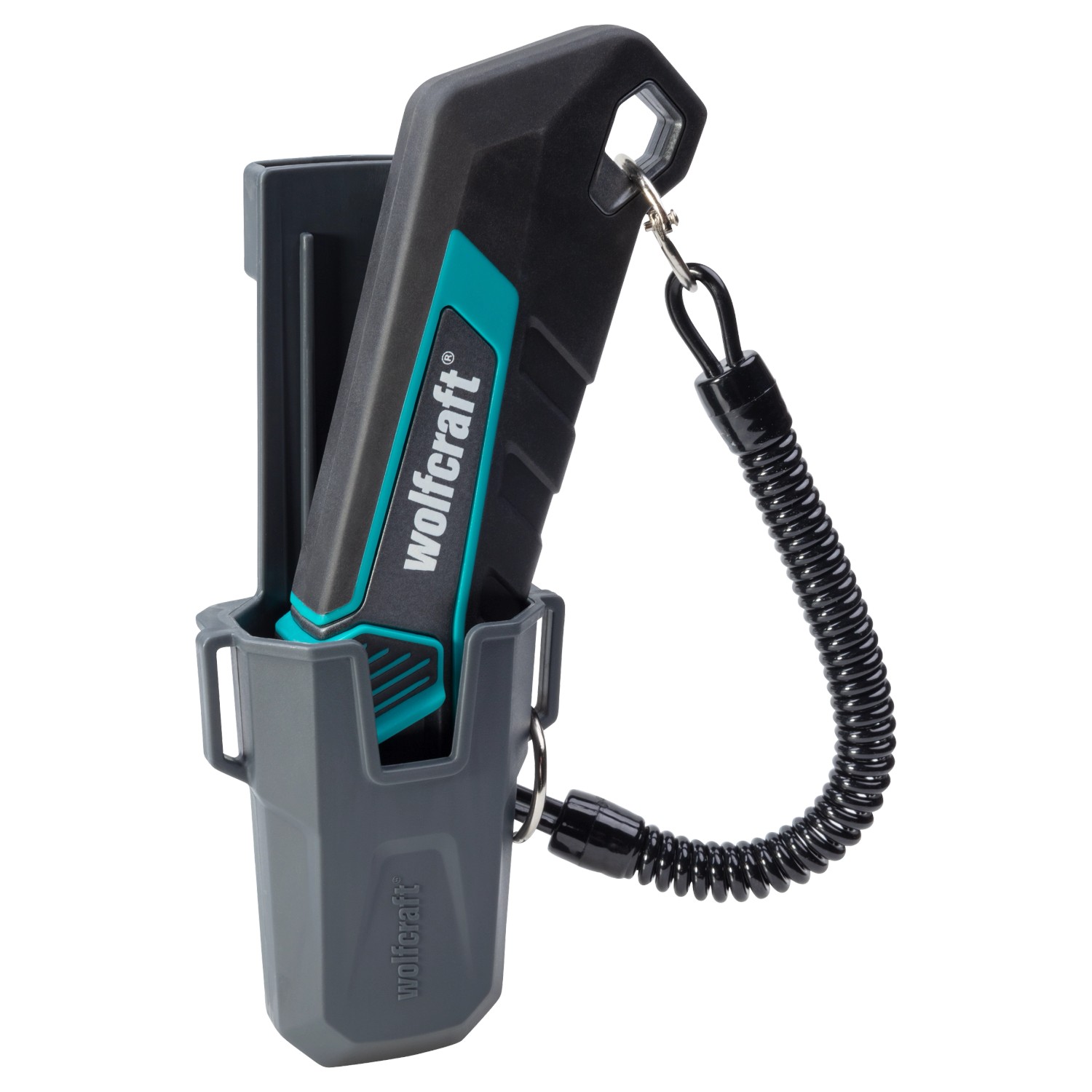 Wolfcraft Sicherheitsmesser Pro Safety mit Köcher und Spiralkabel, zur sicheren Aufbewahrung.