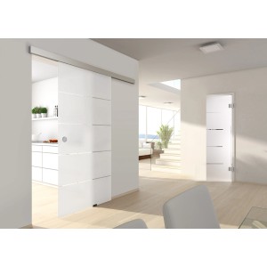 Novadoors Glasschiebetür Nova 503, satiniert, mit horizontalen Streifen. Lichtdurchlässig und modern.