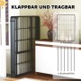 PawHut Welpenlaufstall aus schwarzem Stahl, kompakt zusammengeklappt. Zeigt die einzelnen Paneele und Bodenpfähle.