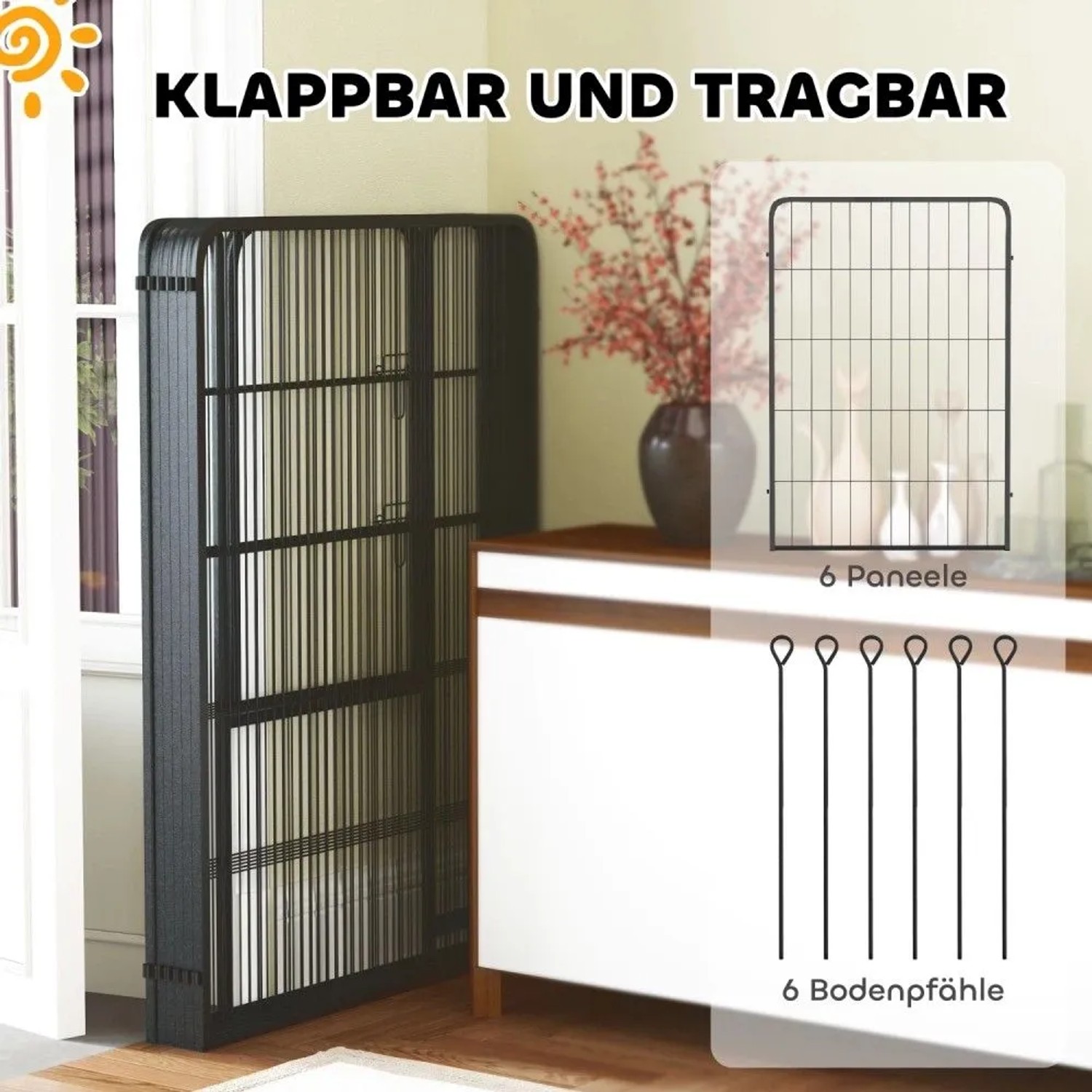PawHut Welpenlaufstall aus schwarzem Stahl, kompakt zusammengeklappt. Zeigt die einzelnen Paneele und Bodenpfähle.