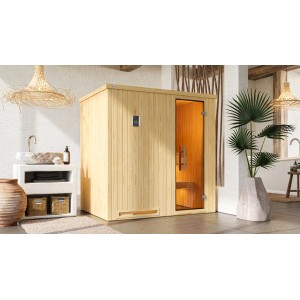 Weka Elementsauna Halmstad mit Glastür, 4,5 kW Sparset. Holzsauna mit Ofen und digitaler Steuerung.