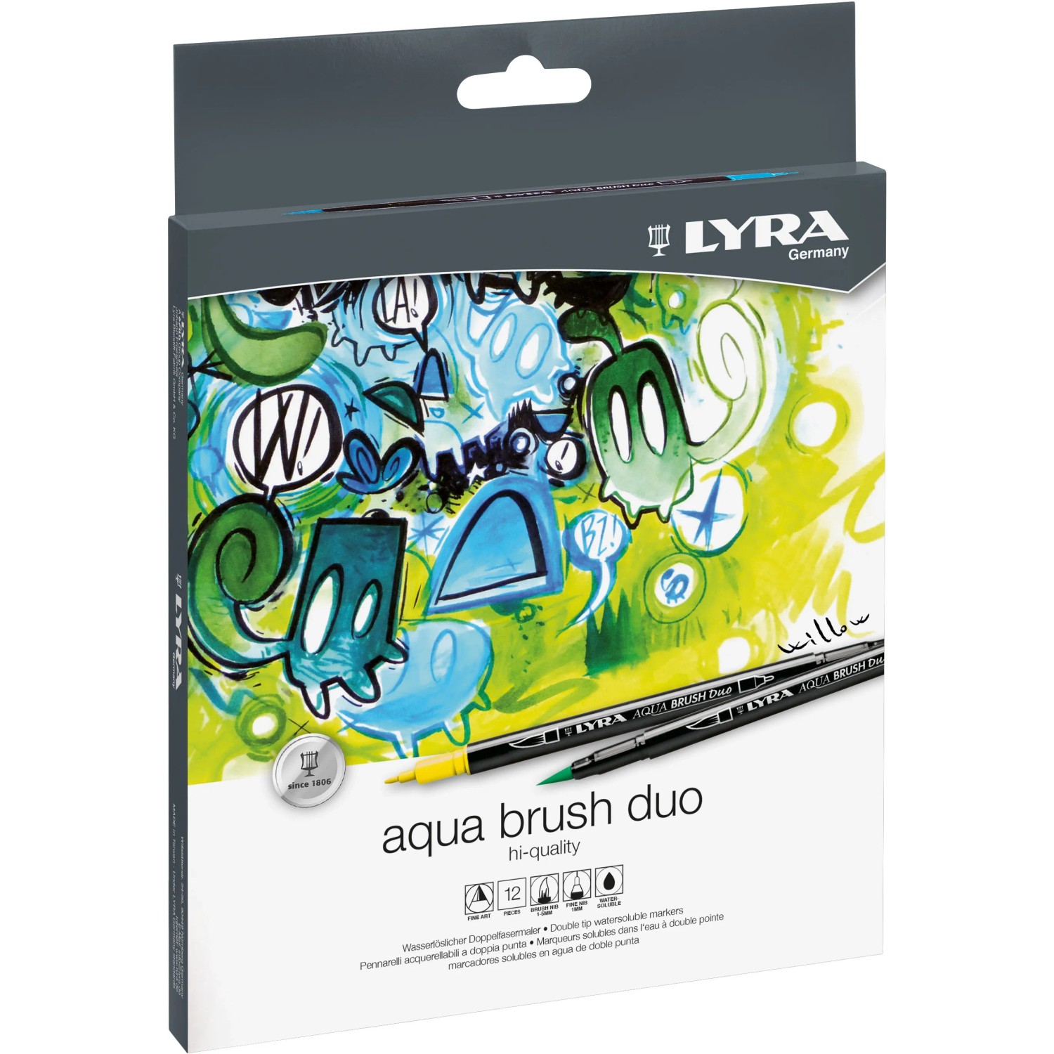 LYRA Aqua Brush Duo, 12 Stifte in verschiedenen Farben. Doppelfasermaler für präzise Linien und flächigen Farbauftrag.