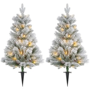 HOMCOM 2er-Set künstliche Weihnachtsbäume, 90 cm, beschneit, mit LED-Lichtern, Tannenzapfen und Erdspieß.