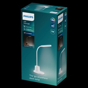 Verpackung der weißen Philips LED Schreibtischleuchte Bucket mit Akku und Stiftehalter.