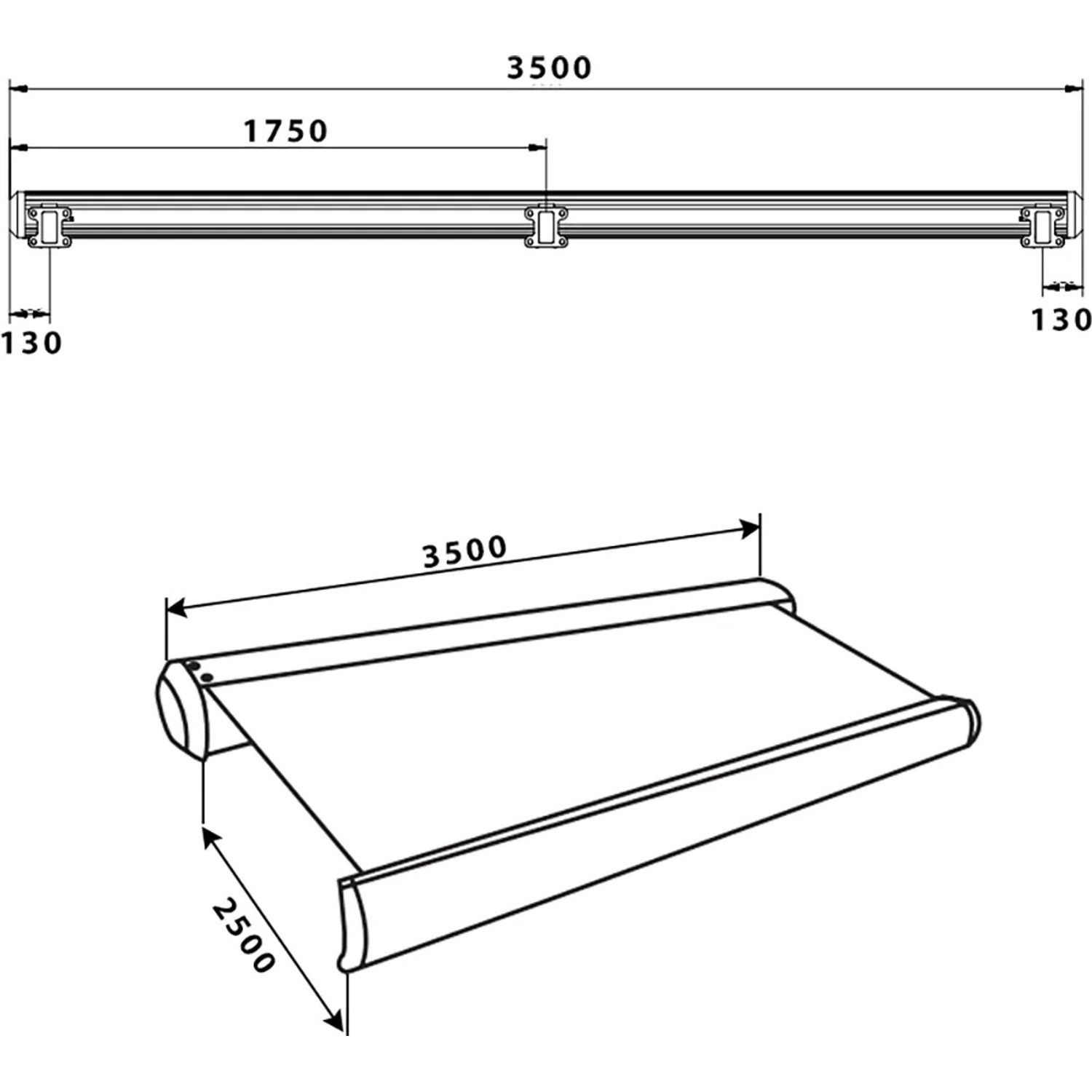 Technische Zeichnung der Home Deluxe LED Vollkassettenmarkise Elos, 350x250 cm, sandfarben, mit Maßangaben.