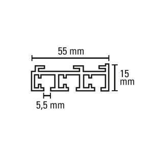 Querschnitt der weißen Gardinia Flächenvorhangschiene, 3-läufig, mit Maßangaben.