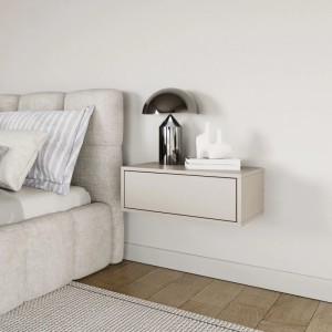 Selsey Framme Nachttisch hängend, Greige, mit Schublade neben Bett. Modernes, minimalistisches Design für Schlafzimmer.