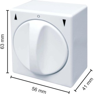 Weißer Schellenberg Rollladenschalter Aufputz mit Drehknopf und Maßangaben.