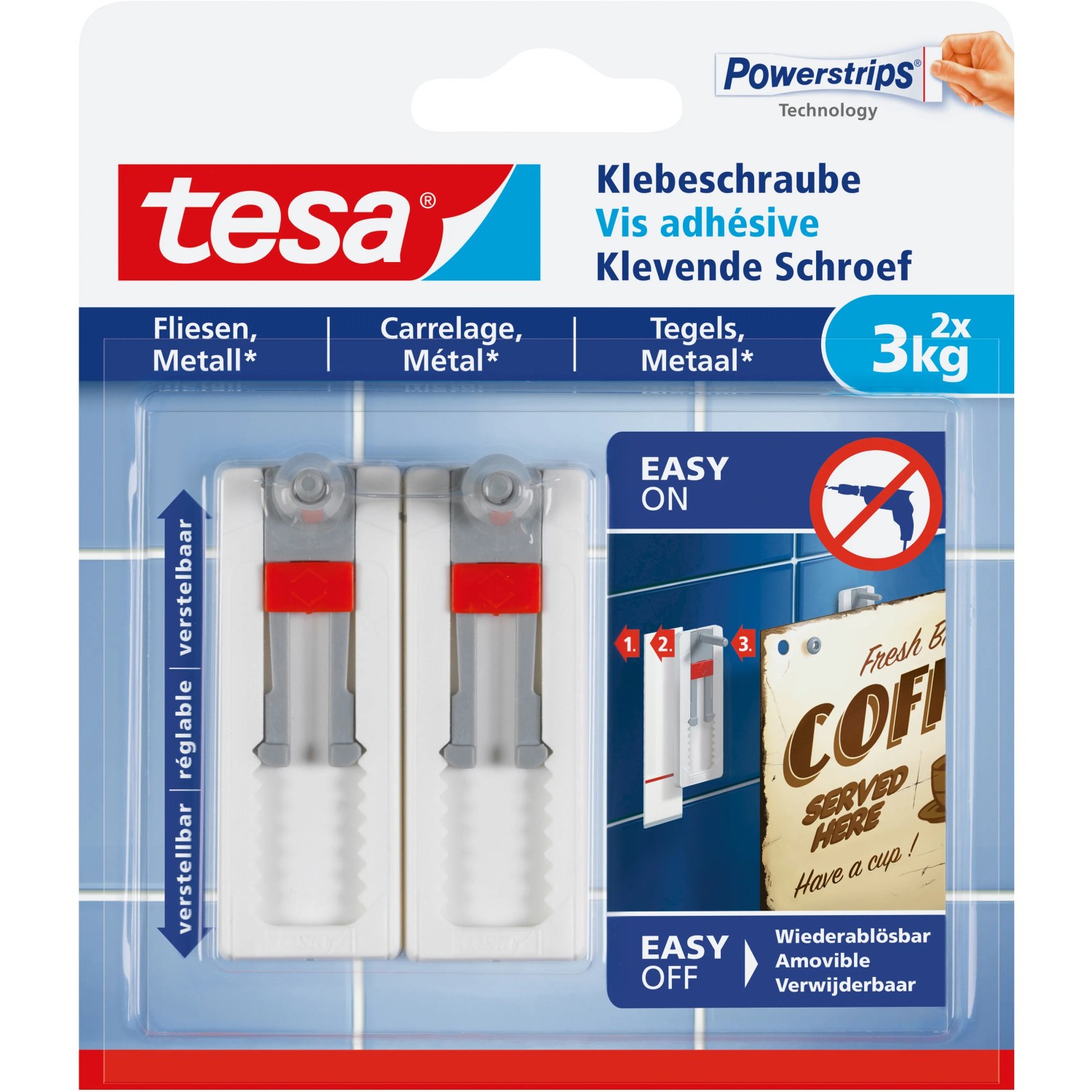 Tesa Klebeschrauben für Fliesen/Metall, verstellbar, bis 3kg. Ideal für Bad & Küche.